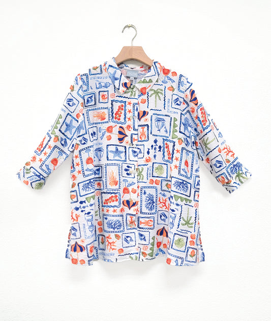 long white ocean theme print button down with 3/4 sleeves, twin buttons and a small slit at either side hem