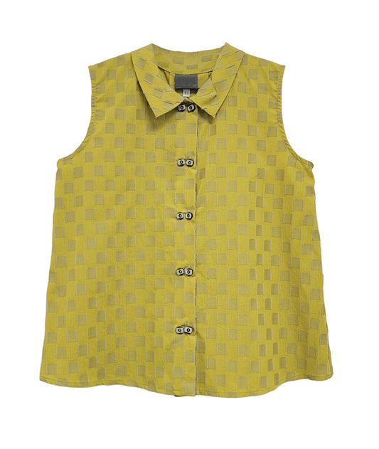 yellow sleeveless button down blouse with a grey checkerboard print. 