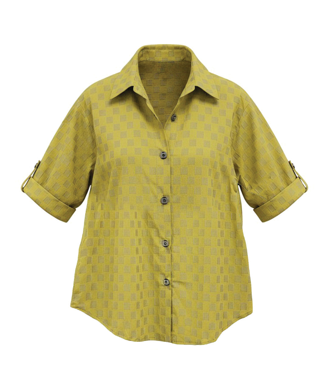 yellow and grey checker board patterned button down shirt with rolled and buttoned sleeves