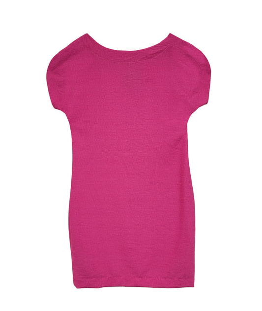 hot pink shift dress on a white background. dress is knee length with a round neckline and a split cap sleeve
