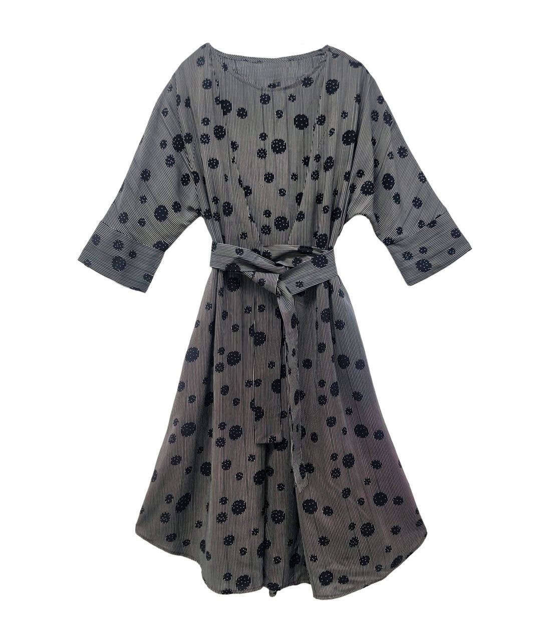 grey stripe and dot print pullover dress with ties at the waist, a curved hem and 3/4 sleeves