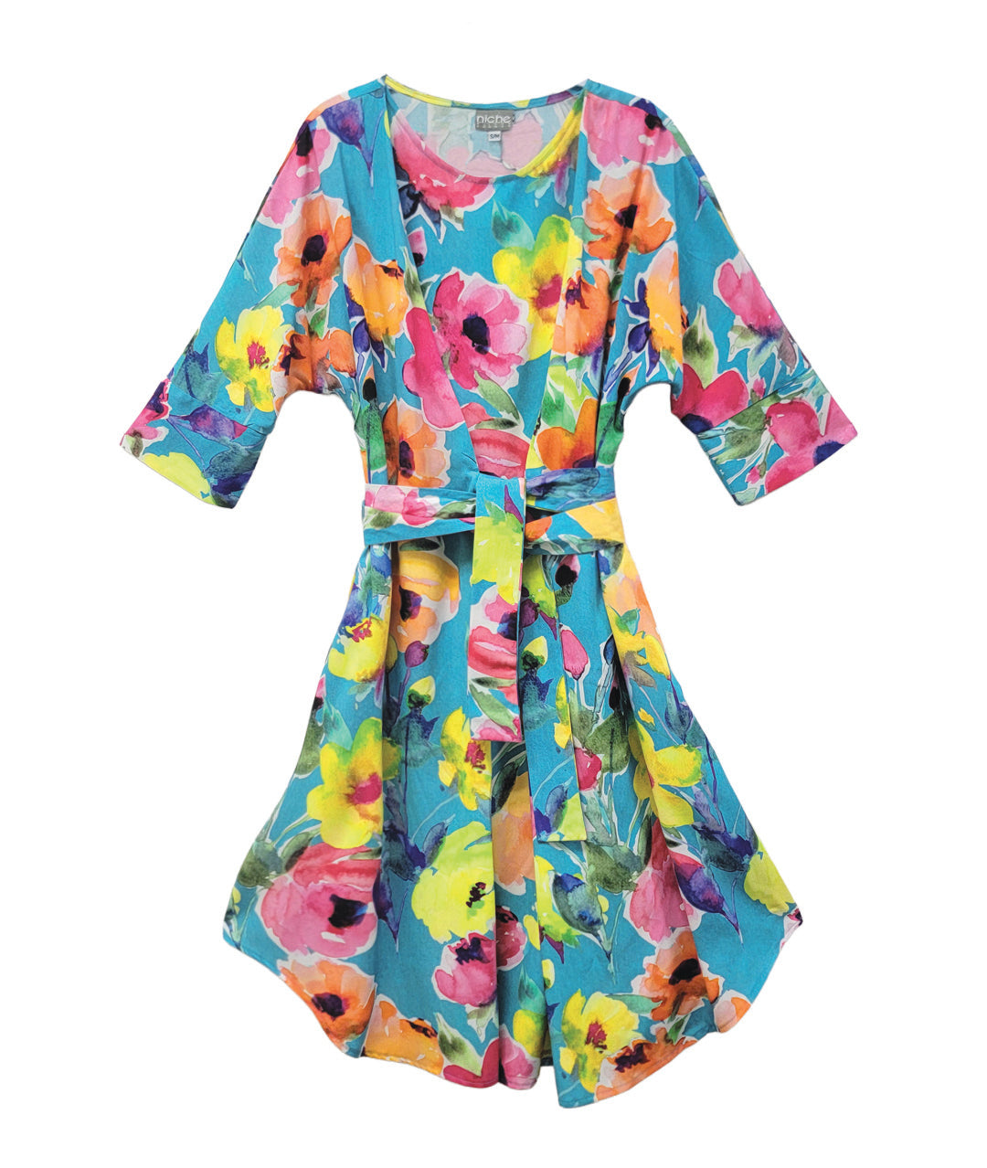 blue pullover dress with ties at the waist, a curved hem and 3/4 sleeves