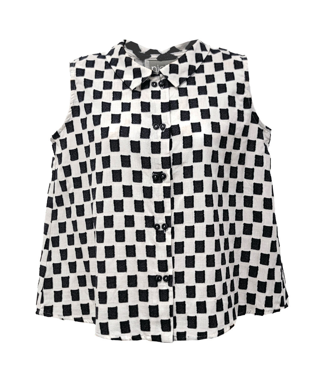 black and white sleeveless button down blouse with a checkerboard print.
