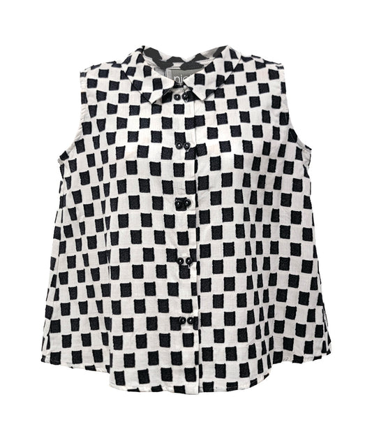 black and white sleeveless button down blouse with a checkerboard print.