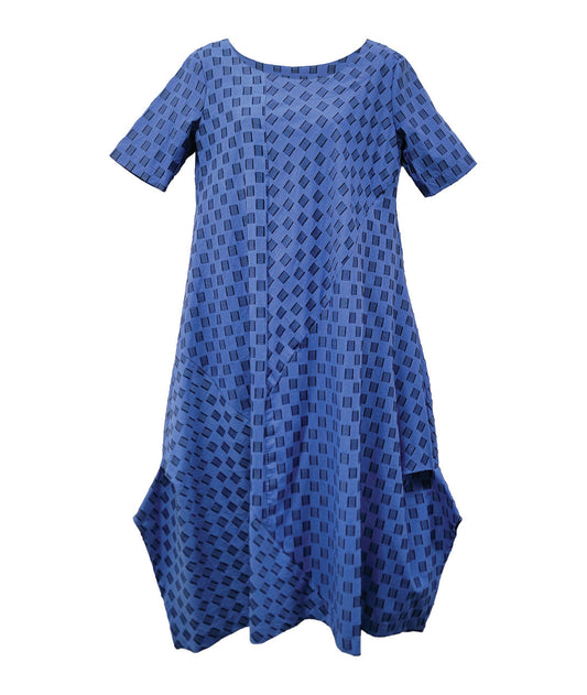 checker board print periwinkle dress with asymmetrical draping