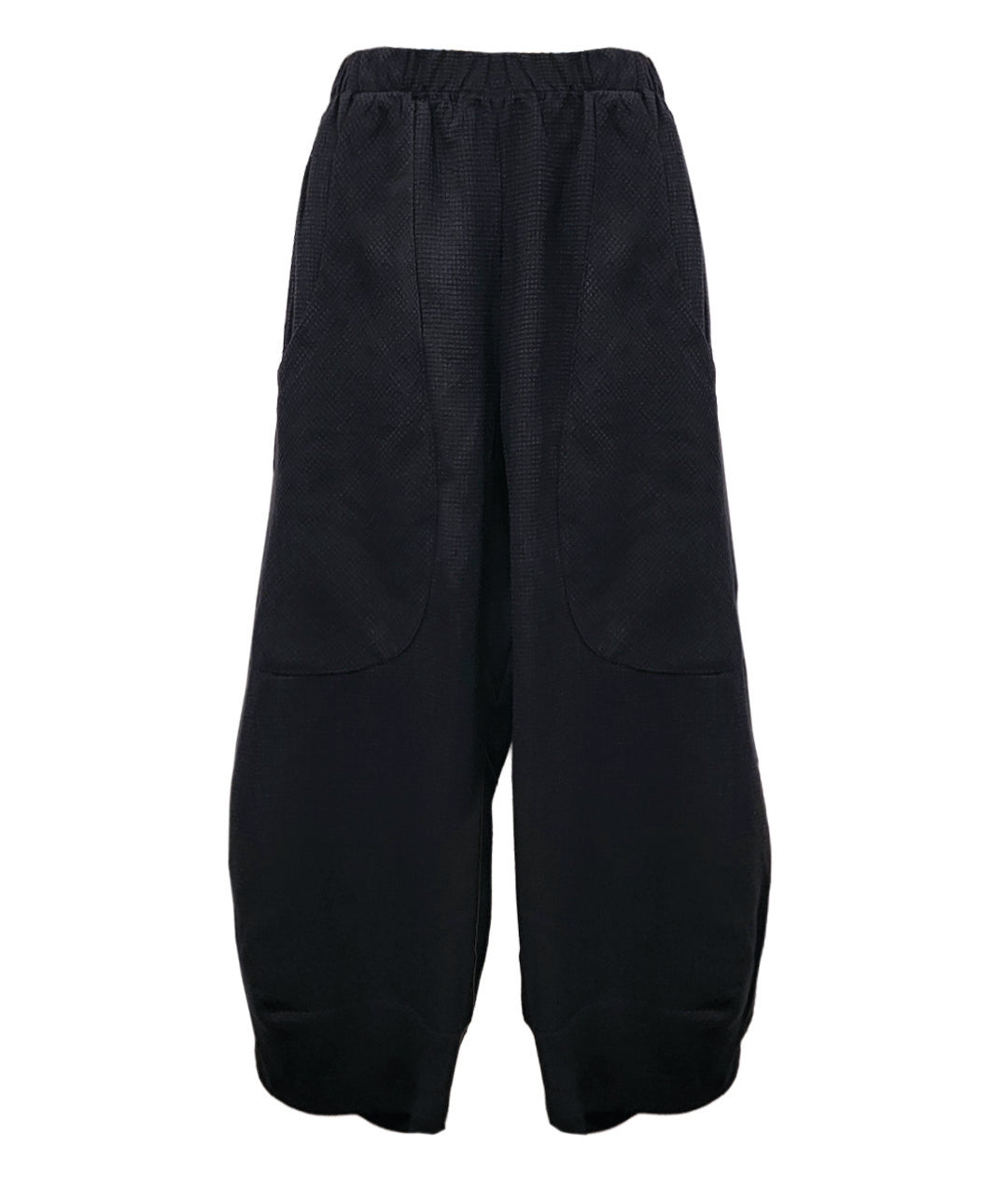 wide leg black pant with a tapered ankle, oversized exterior pockets, and a tiny grid texture