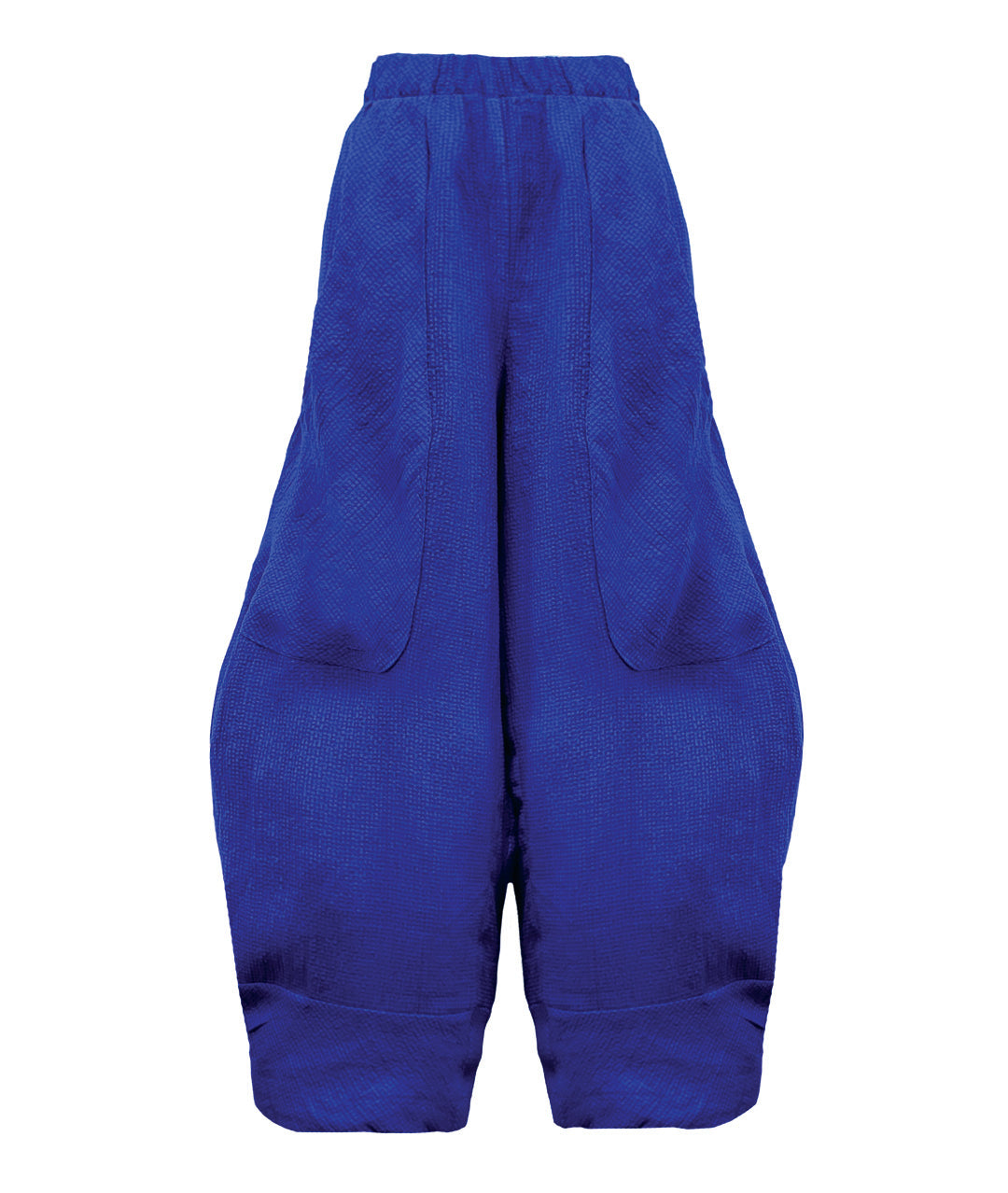 wide leg blue pant with a tapered ankle, oversized exterior pockets, and a tiny grid texture