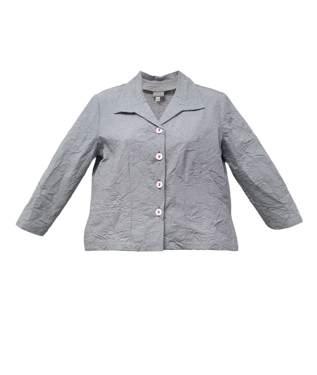 grey and white pinstriped button down blouse with a short body, open collar, and contrasted red stitching at the buttons