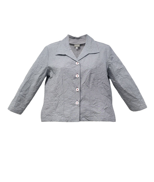 grey and white pinstriped button down blouse with a short body, open collar, and contrasted red stitching at the buttons