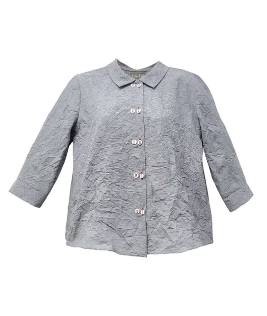 grey and white pinstriped button down blouse with 3/4 sleeves and contrasted red stitching at the buttons