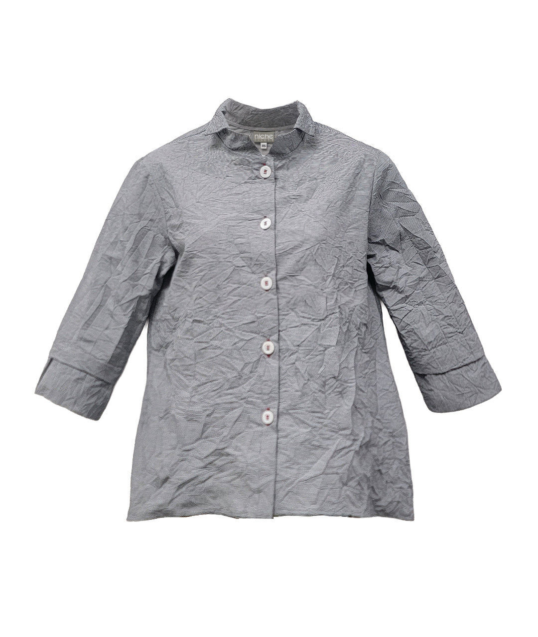 grey and white pinstriped button down blouse with a double collar, oversized cuffs, and contrasted red stitching at the buttons. 