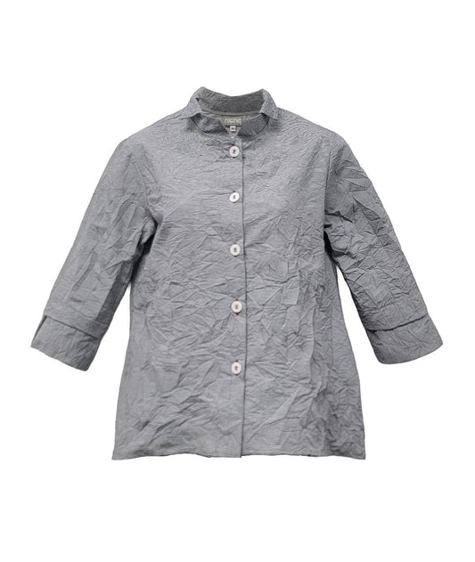 grey and white pinstriped button down blouse with a double collar, oversized cuffs, and contrasted red stitching at the buttons. 