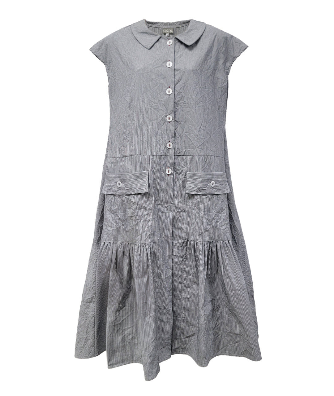 grey and white pinstriped button down dress with a dropped waist, cap sleeves, squared hip pockets and contrasted red stitching at the buttons.