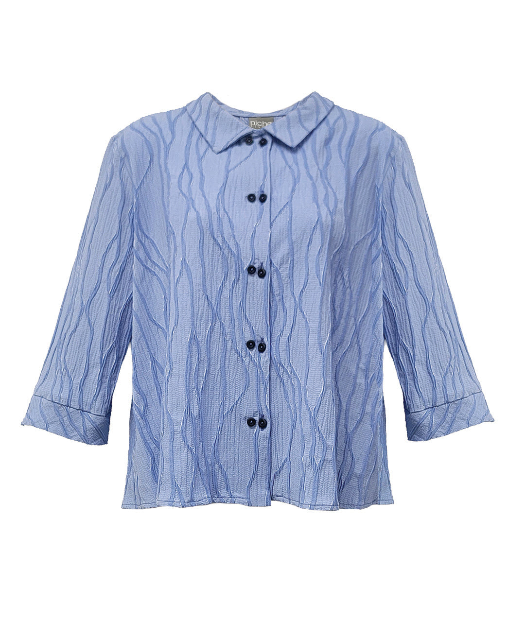 Blue textured shirt with black buttons on a white background