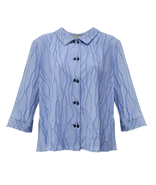 Blue textured shirt with black buttons on a white background