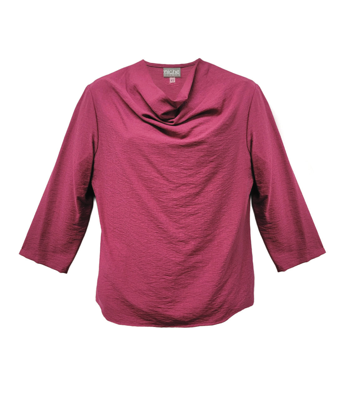 pink cowl-neck top on a white background