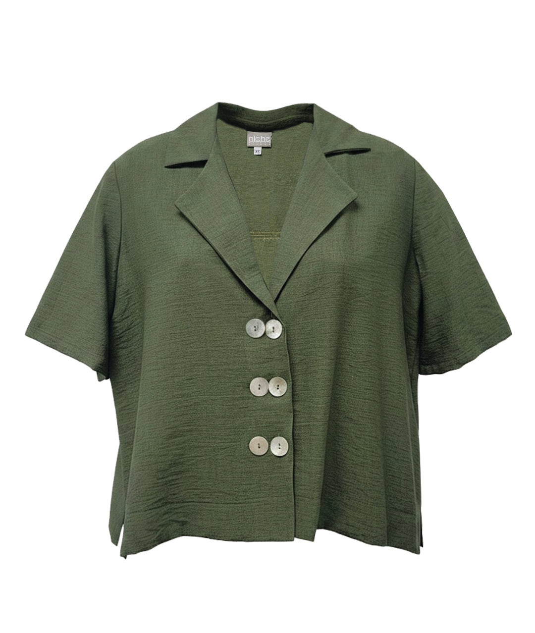 pine green boxy short sleeve button down blouse