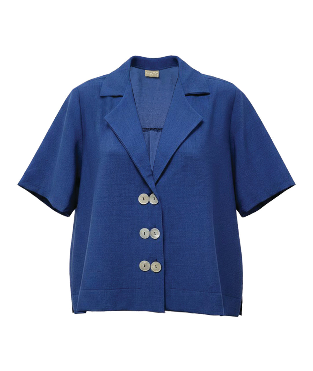 royal blue boxy short sleeve button down blouse