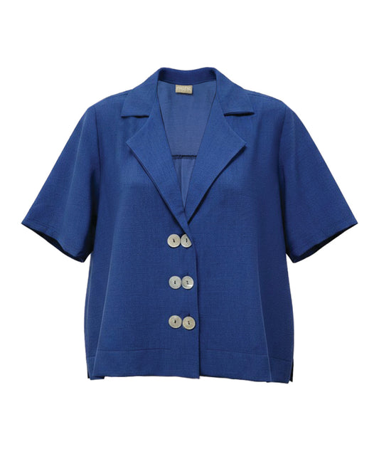 royal blue boxy short sleeve button down blouse