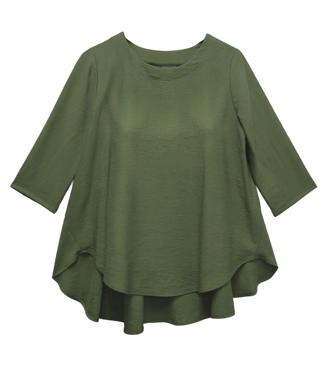 pine green pullover with 3/4 sleeves and a full, flowy body