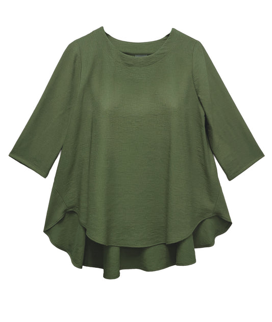 pine green pullover with 3/4 sleeves and a full, flowy body