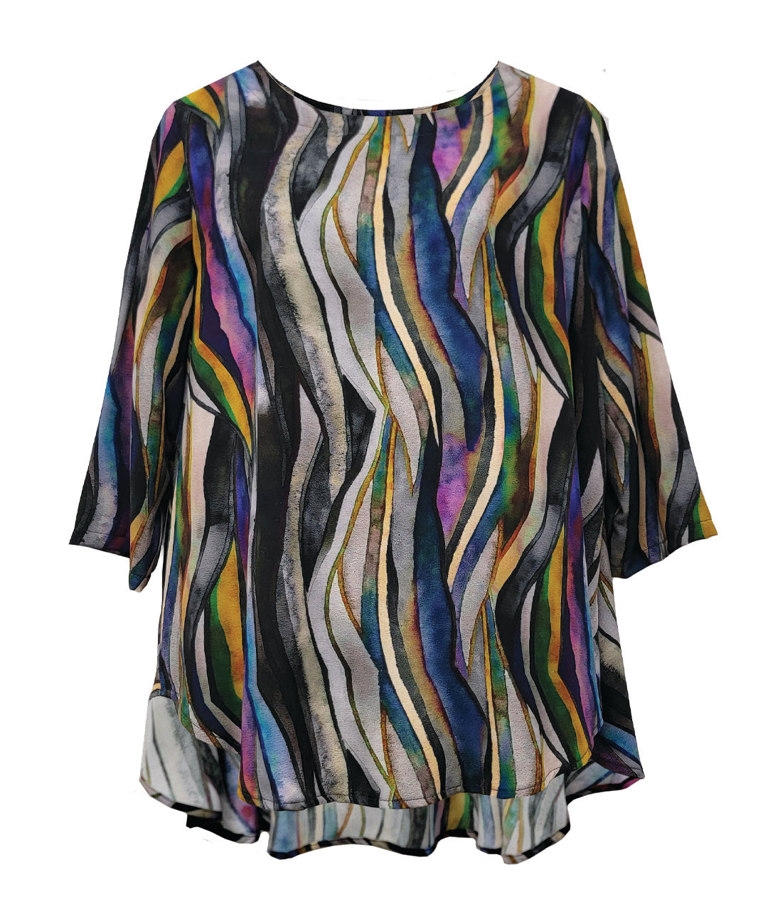 multi color pullover top with 3/4 sleeves and a full, flowing body