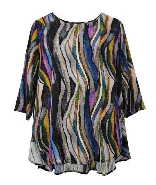 multi color pullover top with 3/4 sleeves and a full, flowing body