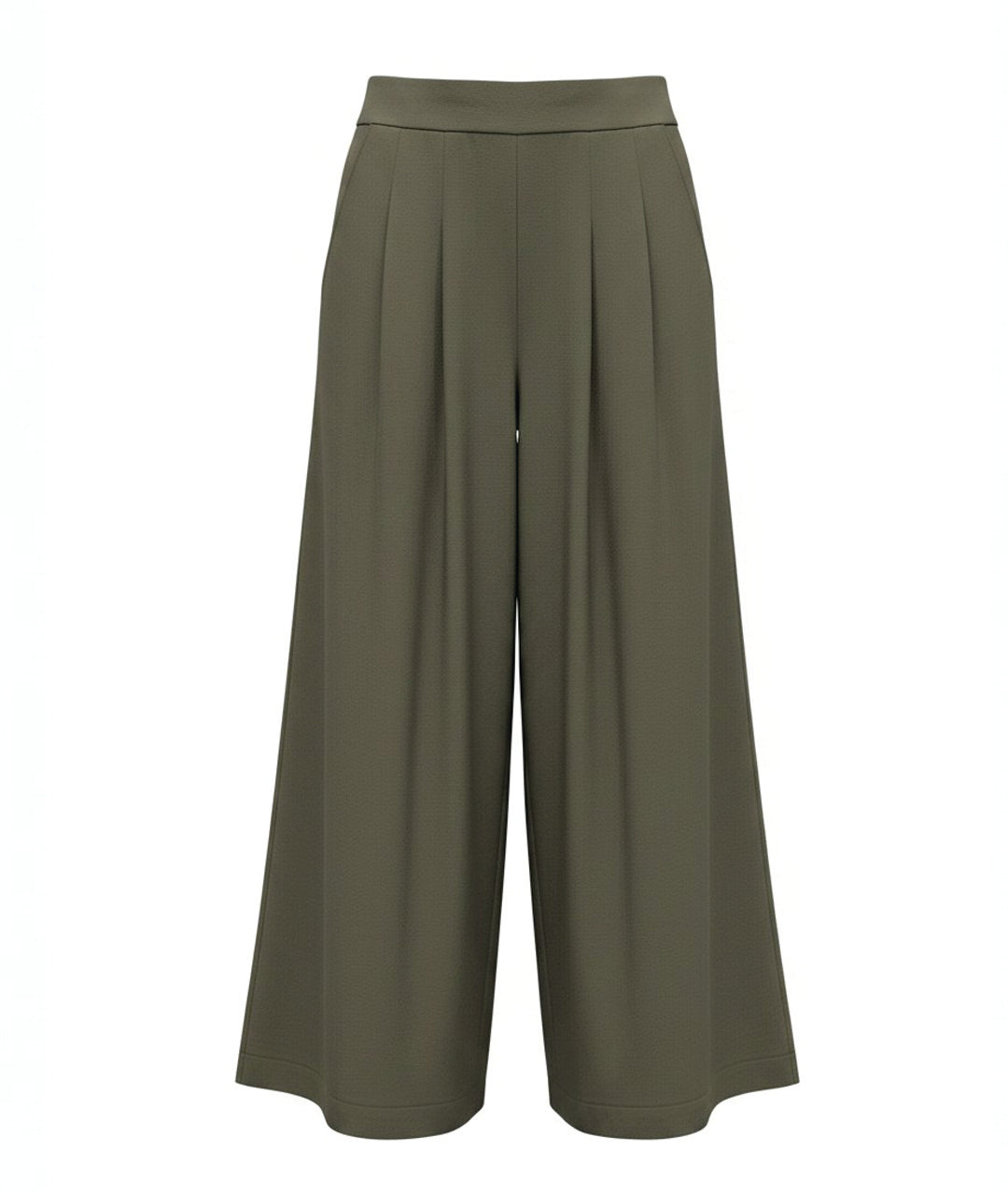 olive green wide leg pants with a pleated flat front