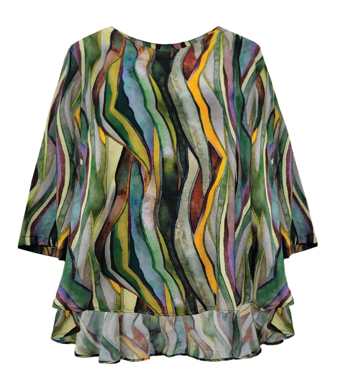 green toned multicolor pullover top with 3/4 sleeves and a full flowing body