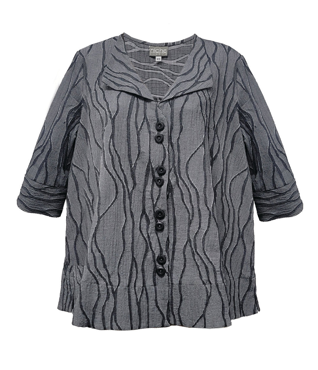 boxy grey textured button down blouse with a flat collar, 3/4 sleeves and a wide hem