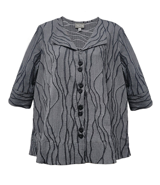 boxy grey textured button down blouse with a flat collar, 3/4 sleeves and a wide hem