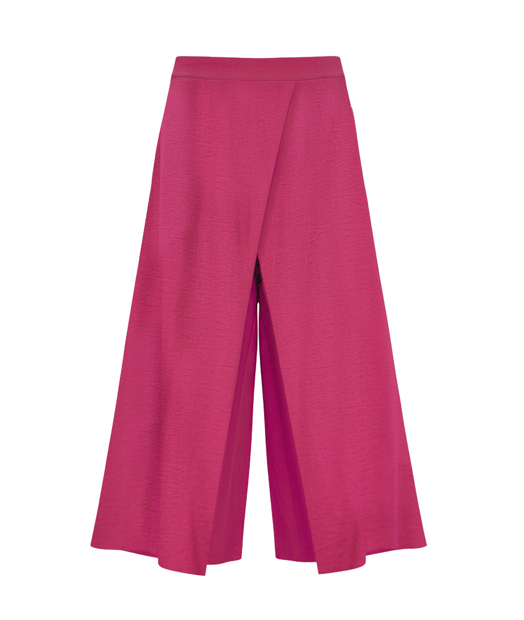 berry pink wide leg pant with a flat front waistband and an overlapping panel at each leg

