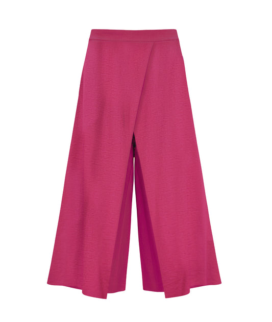 berry pink wide leg pant with a flat front waistband and an overlapping panel at each leg
