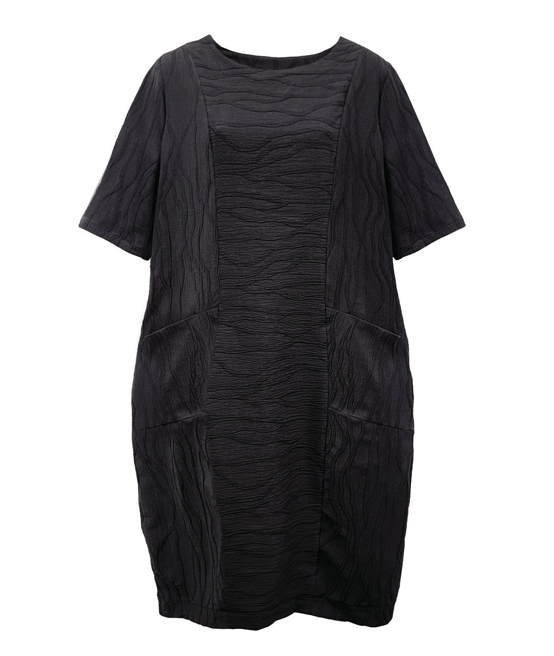 black princess seam shift dress with short sleeves and hip pockets