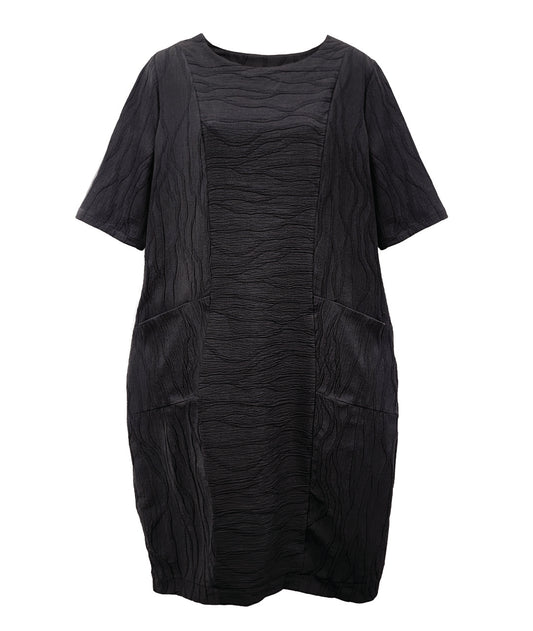 black princess seam shift dress with short sleeves and hip pockets