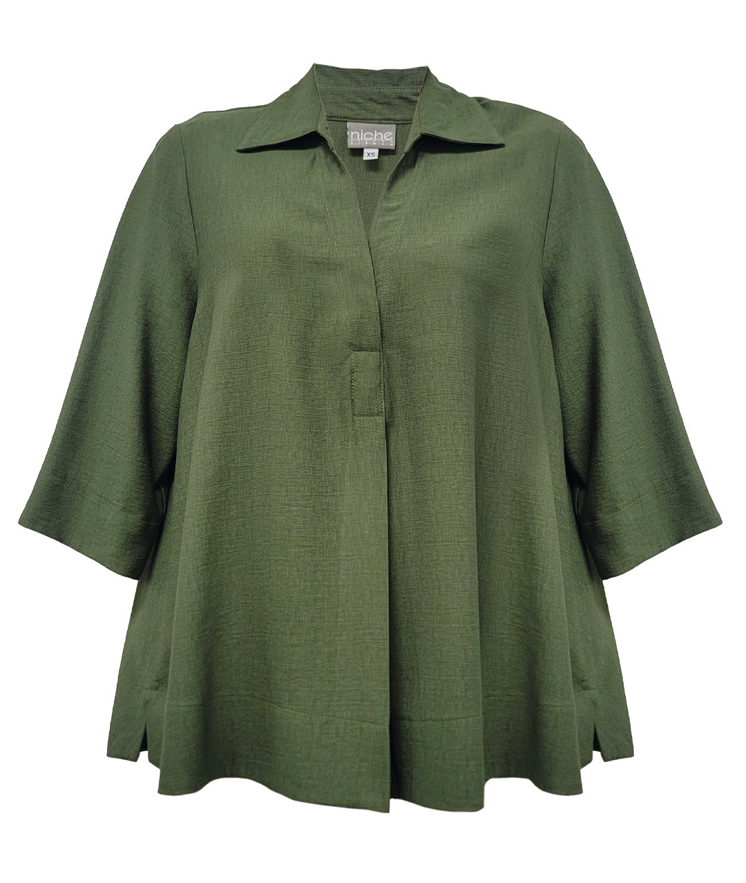 A pine green shirt with a collar, v-neck front, and three-quarter sleeves, shown on a plain white background.