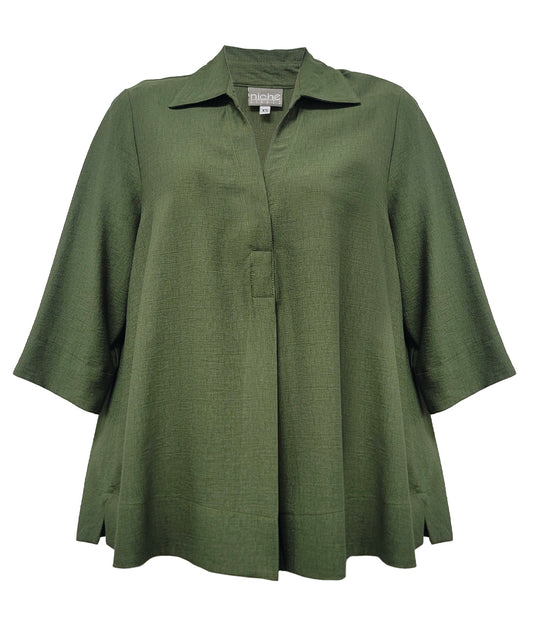 A pine green shirt with a collar, v-neck front, and three-quarter sleeves, shown on a plain white background.