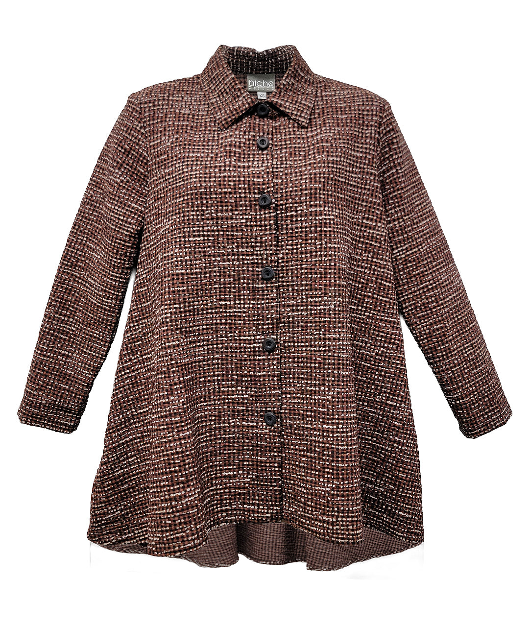 A brown multi color striped long-sleeve button-up shirt jacket with a pointed collar, shown against a plain white background.