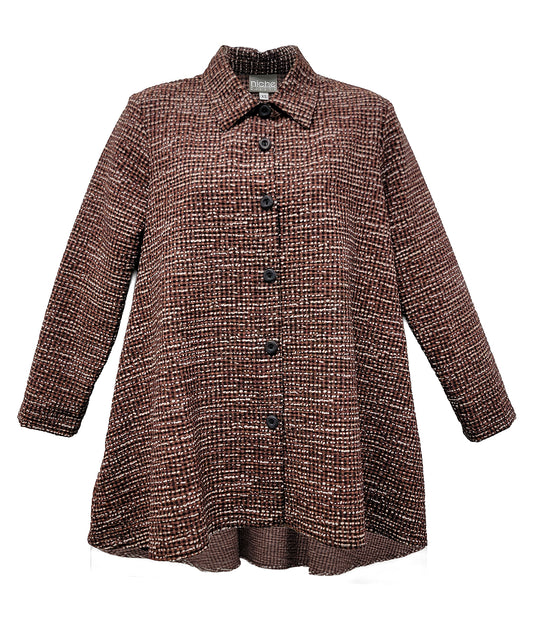 A brown multi color striped long-sleeve button-up shirt jacket with a pointed collar, shown against a plain white background.