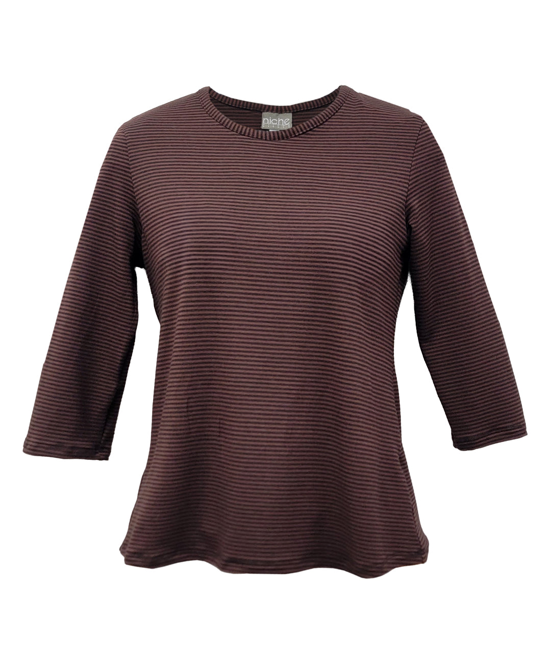 A women's three-quarter sleeve top with a crew neck, featuring a fine horizontal stripe pattern in dark brown and black, displayed on a solid white background.