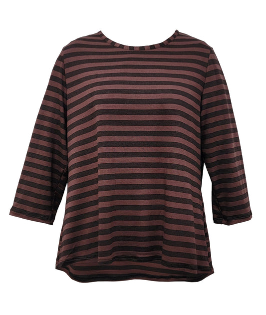 A women's long-sleeve top with horizontal stripes in dark brown and black, featuring a relaxed fit and a crew neckline.