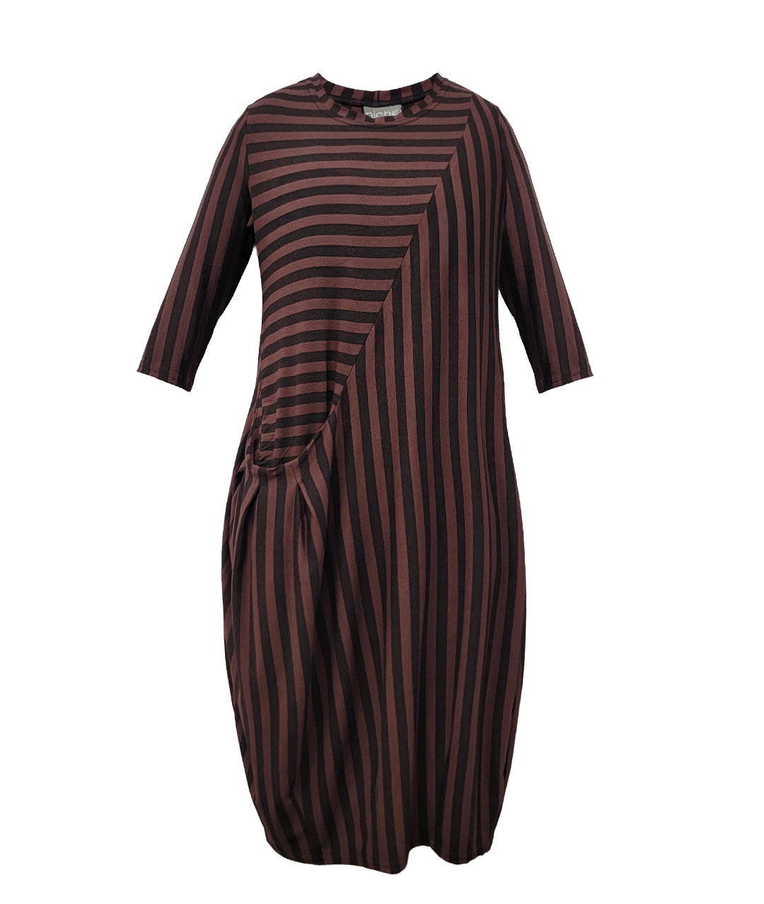 A loose-fitting midi dress with three-quarter sleeves, featuring diagonal dark brown and black stripes with a gathered side detail, shown against a plain white background.