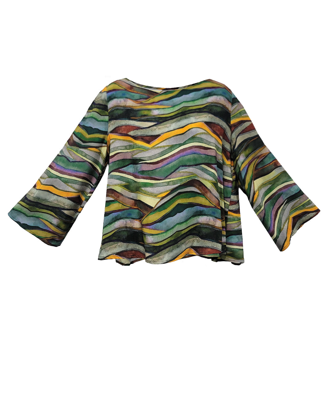 A women's long-sleeve top with a wavy, multicolored abstract pattern featuring stripes of green, yellow, purple, orange, and black on a white base, displayed against a solid white background.