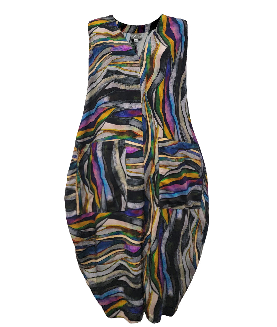 multi color sleeveless dress with contrasting stripe directions, a vneck and a bulb shaped silhouette