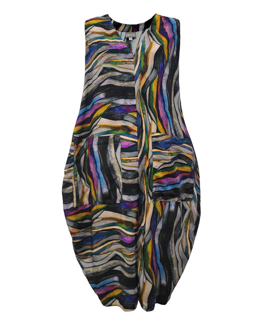 multi color sleeveless dress with contrasting stripe directions, a vneck and a bulb shaped silhouette