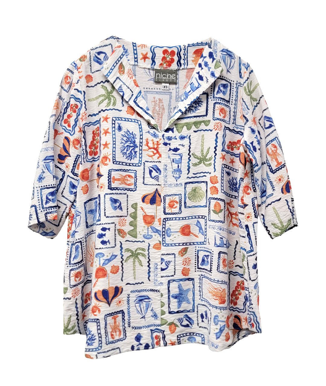novelty beach print pullover top with a 3/4 sleeve and open collar