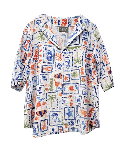 novelty beach print pullover top with a 3/4 sleeve and open collar