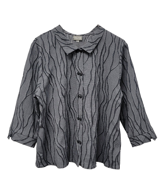 grey swirl print blouse with 3/4 sleeves and a double button detail