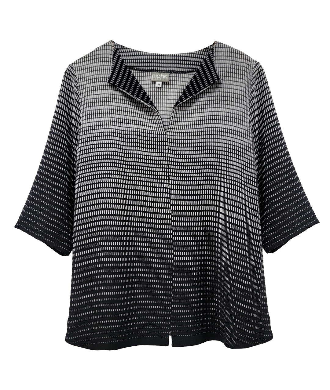 black and white grid print ombre pullover top with an open collar
