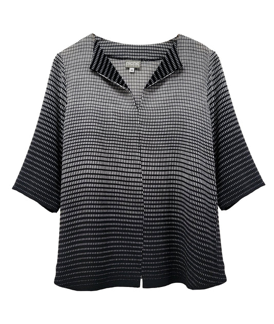 black and white grid print ombre pullover top with an open collar
